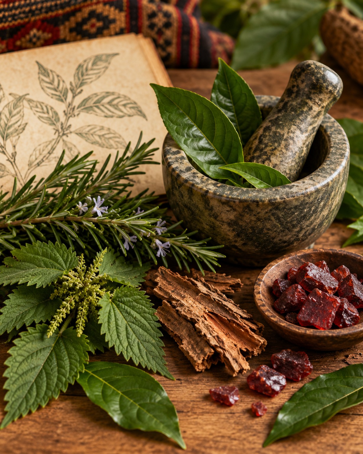 Botanical leaves, rosemary, bark and red resin beside a stone mortar and pestle