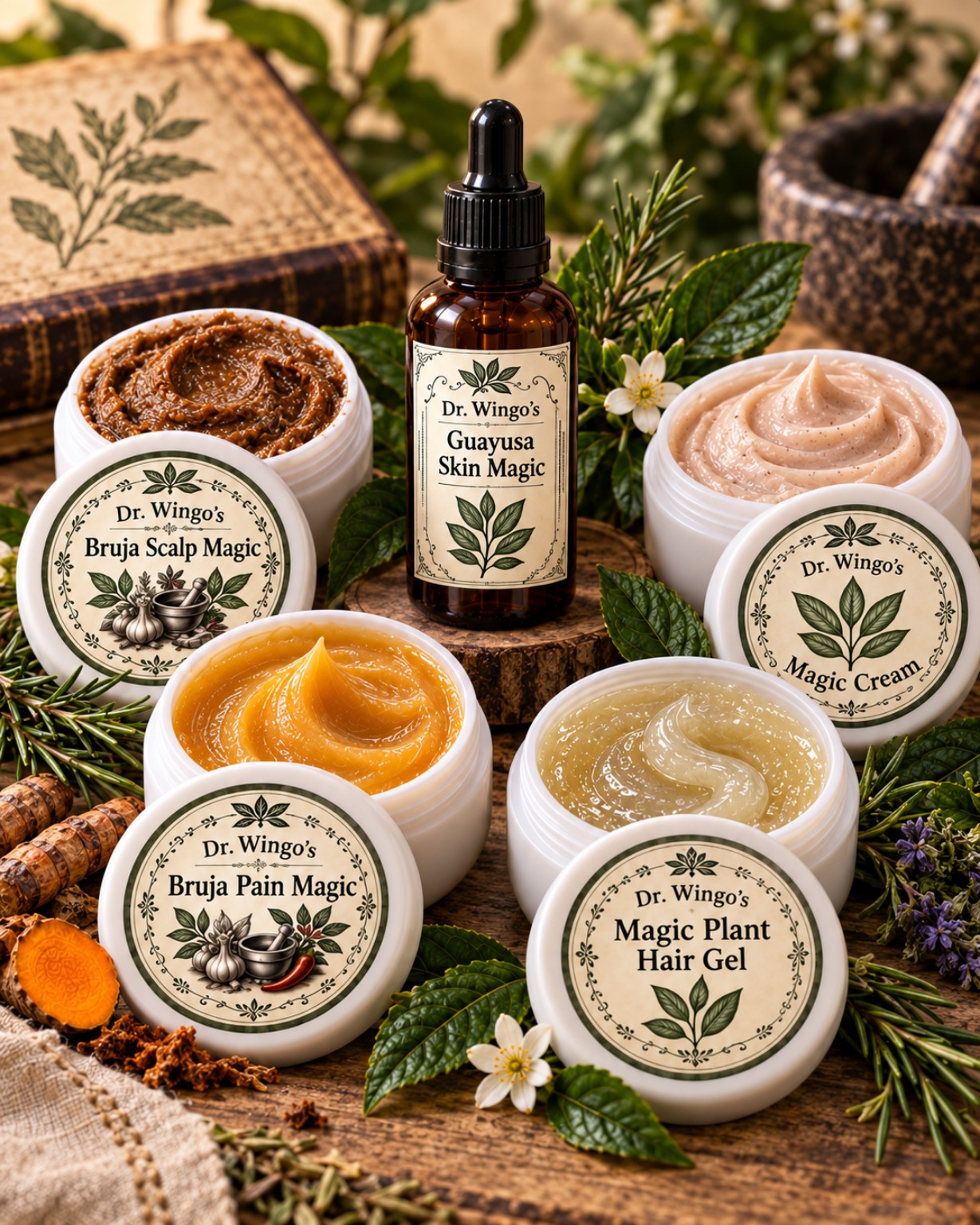 Close-up of Dr. Wingo’s botanical creams, serum and hair gel